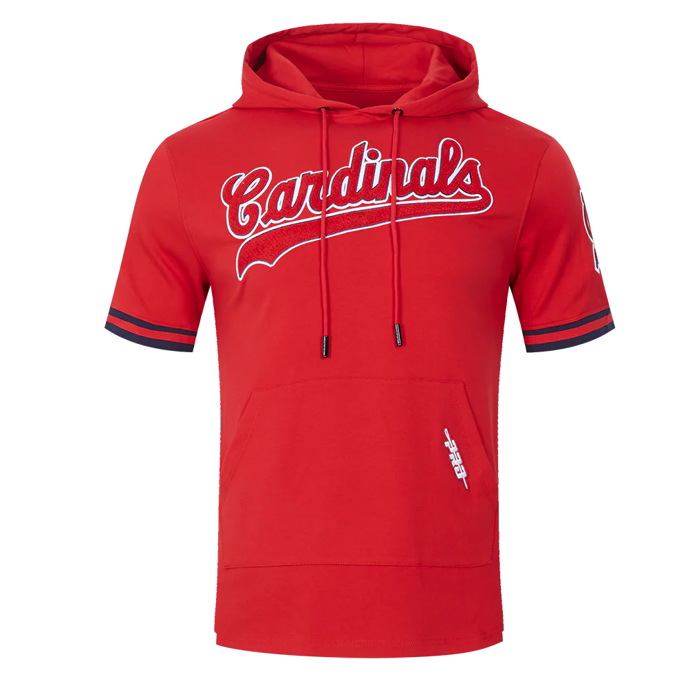 MLB ST. LOUIS CARDINALS CLASSIC CHENILLE MEN'S DOUBLE KNIT SHORT SLEEVE PULLOVER HOODIE (RED/MIDNIGHT NAVY)