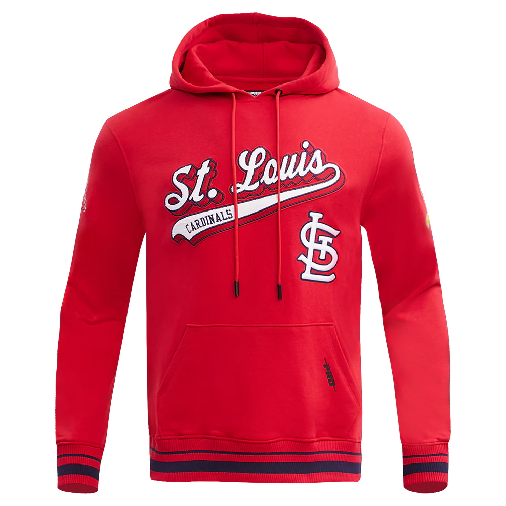 MLB ST. LOUIS CARDINALS SCRIPT TAIL MEN'S RIB FLEECE PULLOVER HOODIE (RED/MIDNIGHT NAVY/RED)
