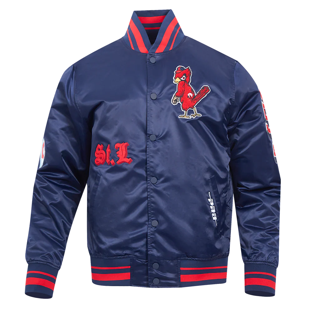 MLB ST. LOUIS CARDINALS OLD ENGLISH MEN'S RIB SATIN JACKET (MIDNIGHT NAVY/RED/MIDNIGHT NAVY)