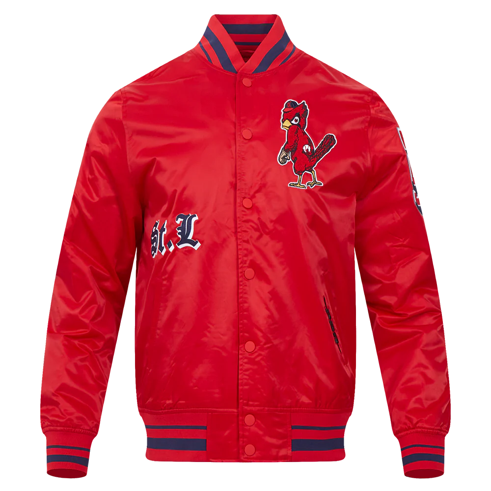 MLB ST. LOUIS CARDINALS OLD ENGLISH MEN'S RIB SATIN JACKET (RED/MIDNIGHT NAVY/RED)