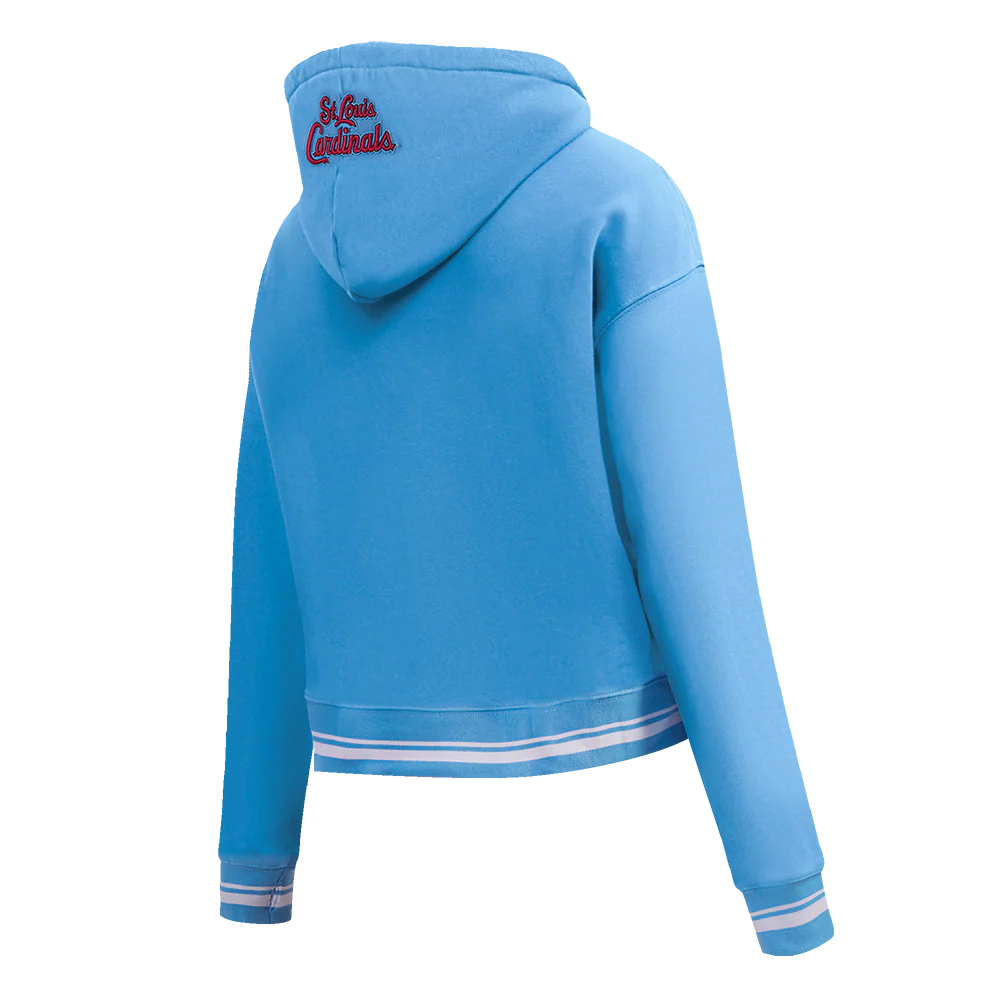 MLB ST. LOUIS CARDINALS SCRIPT TAIL WOMEN'S RIB FLEECE CROPPED PULLOVER HOODIE (UNIVERSITY BLUE) - Image 4
