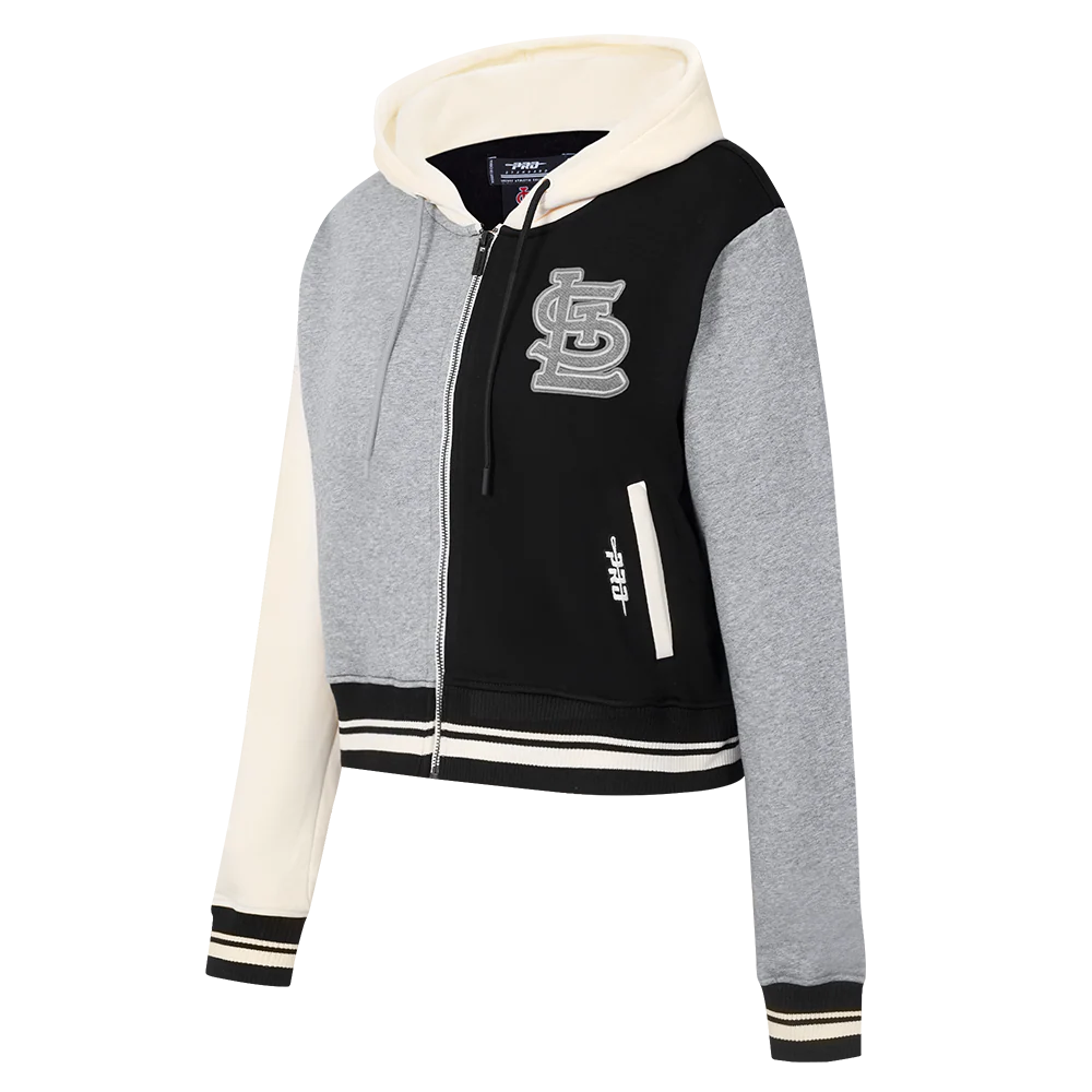 MLB ST. LOUIS CARDINALS REVERSE FRENCH TERRY WOMEN'S COLOR BLOCK FLEECE FULL ZIP HOODIE (BLACK/GRAY/EGGSHELL) - Image 6