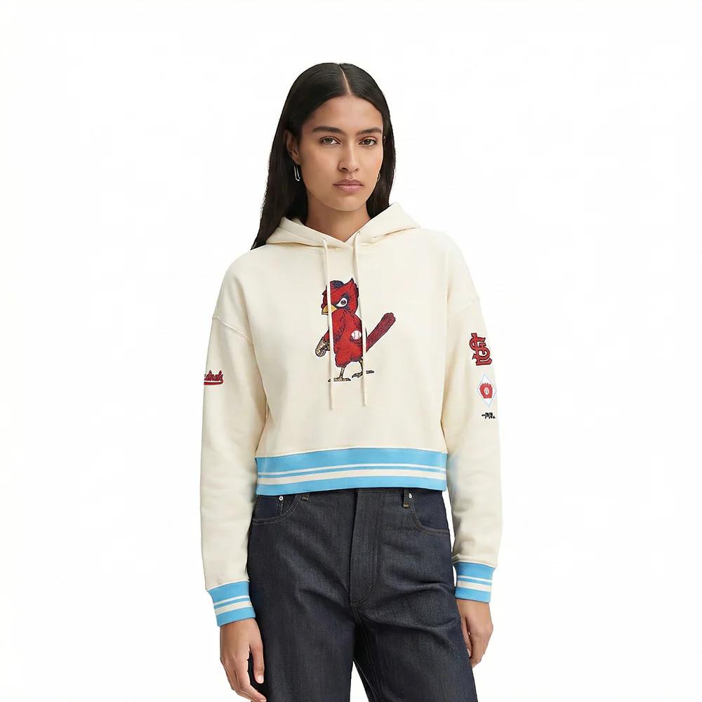 MLB ST. LOUIS CARDINALS RETRO CLASSICS WOMEN'S CROPPED PULLOVER HOODIE (EGGSHELL/ UNIVERSITY BLUE)