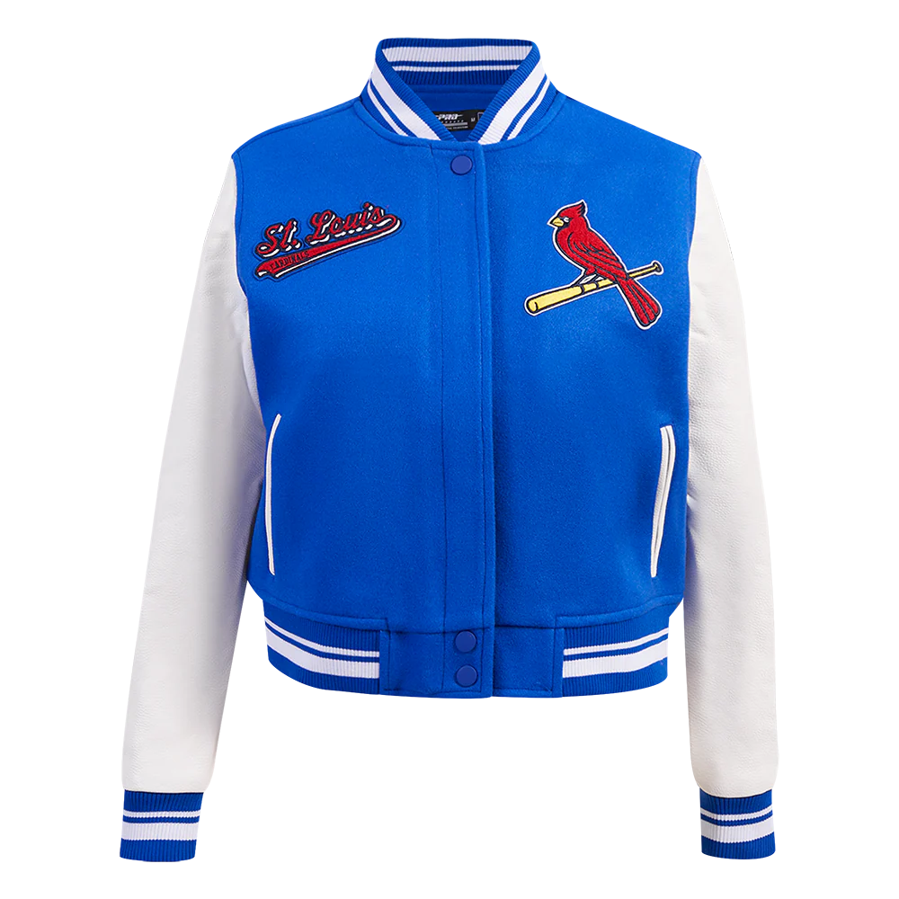 MLB ST. LOUIS CARDINALS SCRIPT TAIL WOMEN'S WOOL VARSITY JACKET (ROYAL BLUE/WHITE)