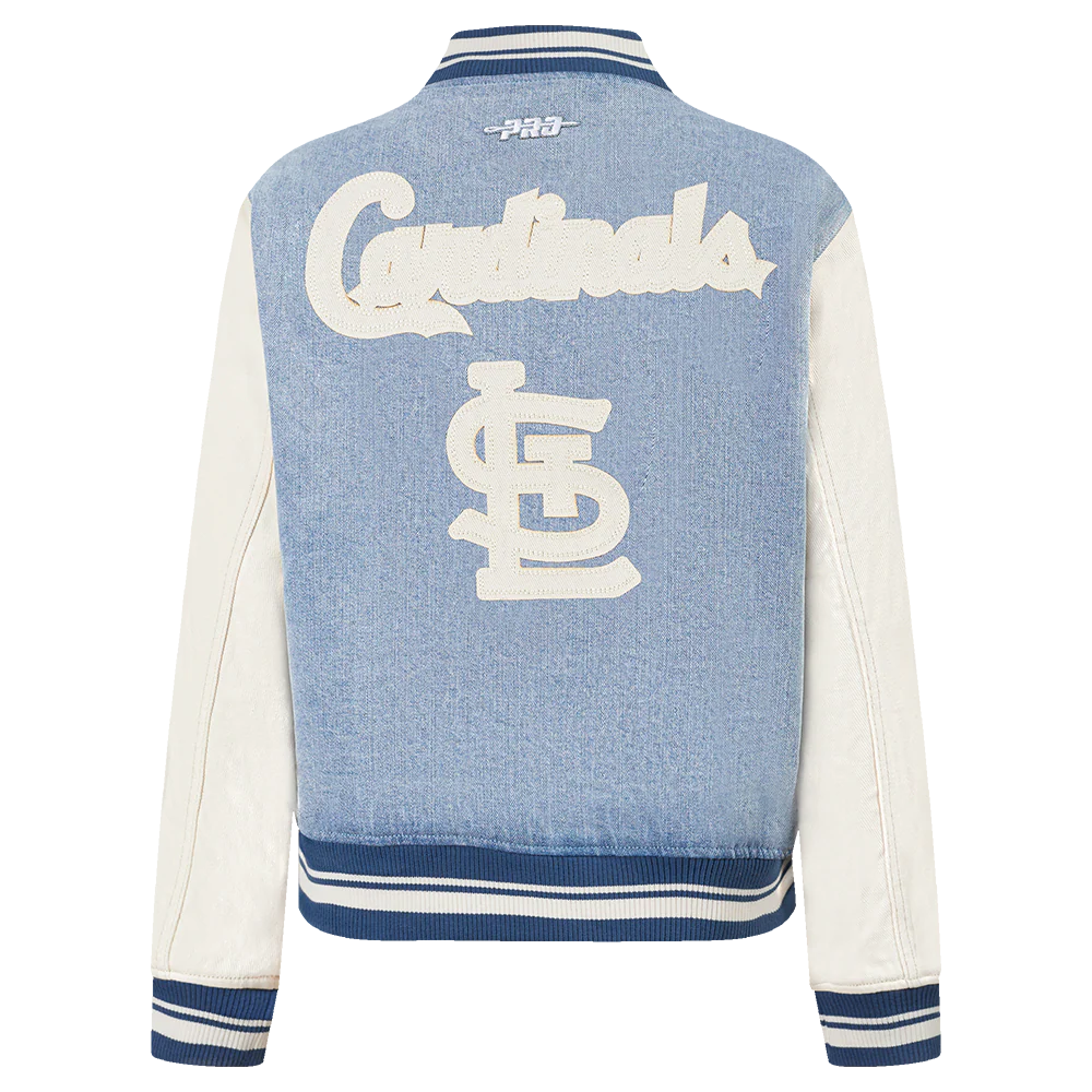 MLB ST. LOUIS CARDINALS VARSITY BLUES WOMEN'S DENIM VARSITY JACKET (DENIM/LINEN) - Image 3