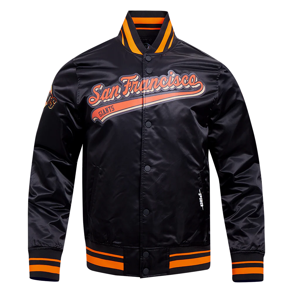 MLB SAN FRANCISCO GIANTS SCRIPT TAIL MEN'S SATIN JACKET (BLACK/ORANGE)