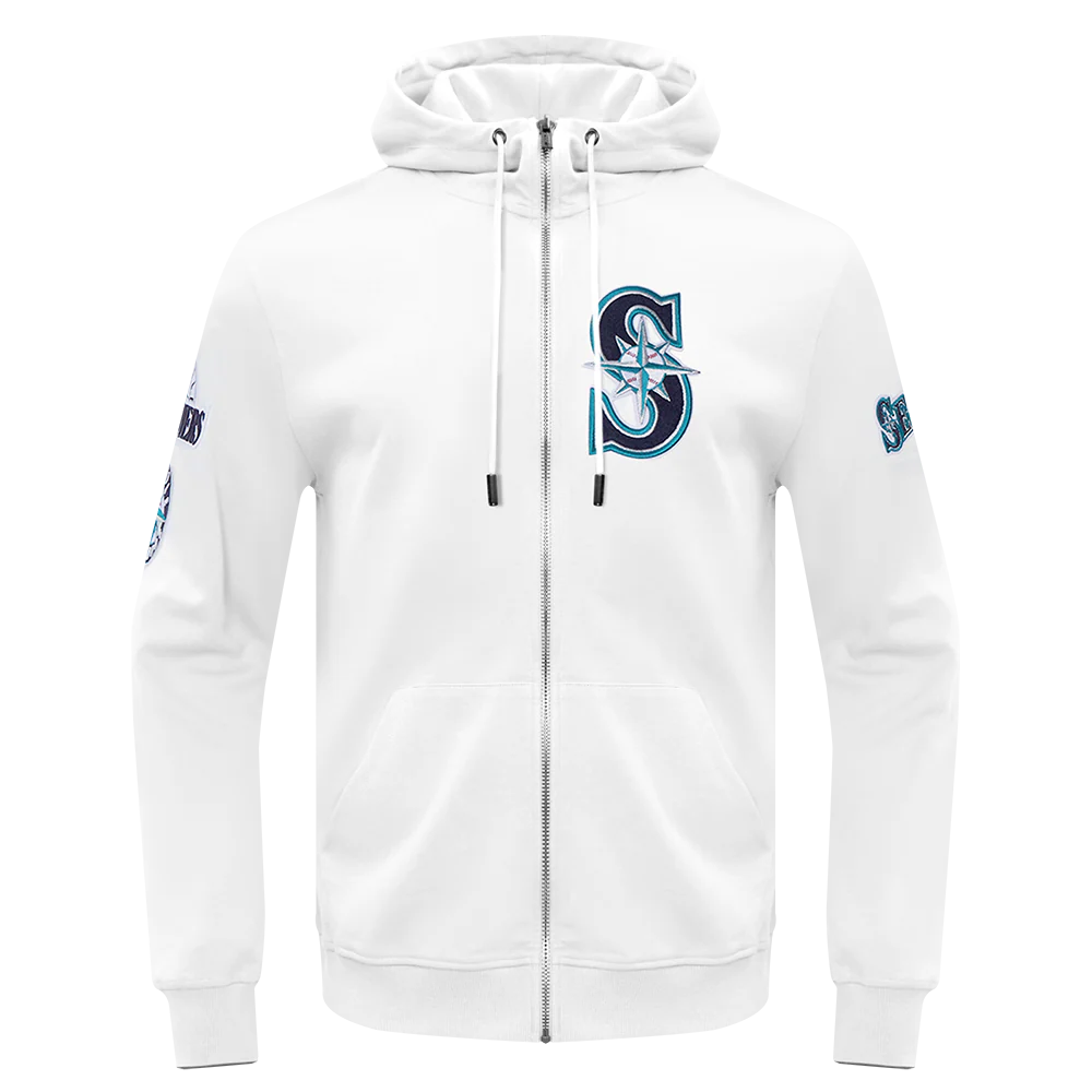 MLB SEATTLE MARINERS CLASSIC CHENILLE MEN'S FULL ZIP PULLOVER HOODIE (WHITE)