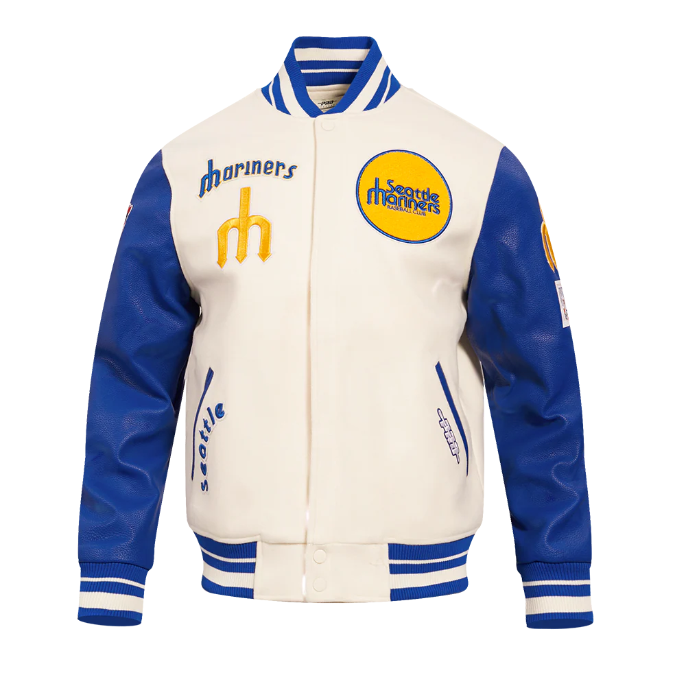 MLB SEATTLE MARINERS RETRO CLASSIC MEN'S RIB WOOL VARSITY JACKET (EGGSHELL/ ROYAL BLUE)