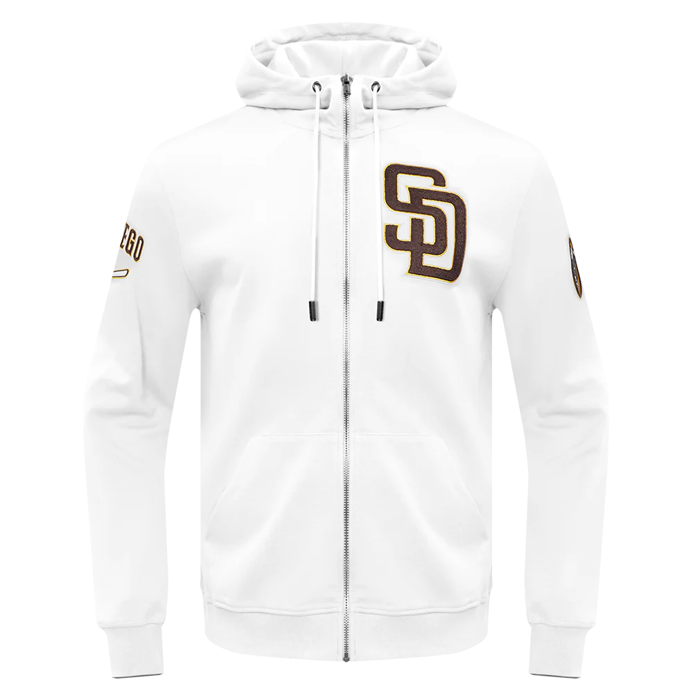 MLB SAN DIEGO PADRES CLASSIC CHENILLE MEN'S FULL ZIP PULLOVER HOODIE (WHITE)