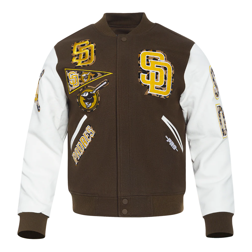 MLB SAN DIEGO PADRES ANIMAL PRINT MEN'S WOOL VARSITY JACKET (BROWN/WHITE)