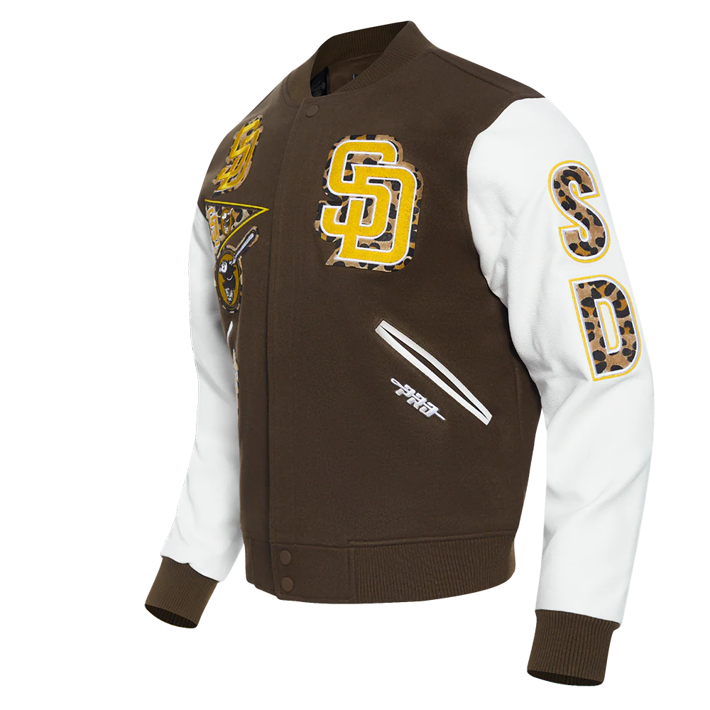 MLB SAN DIEGO PADRES ANIMAL PRINT MEN'S WOOL VARSITY JACKET (BROWN/WHITE) - Image 2