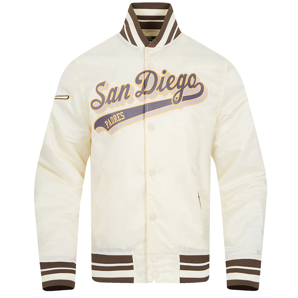 MLB SAN DIEGO PADRES SCRIPT TAIL MEN'S SATIN JACKET (EGGSHELL/ BROWN)