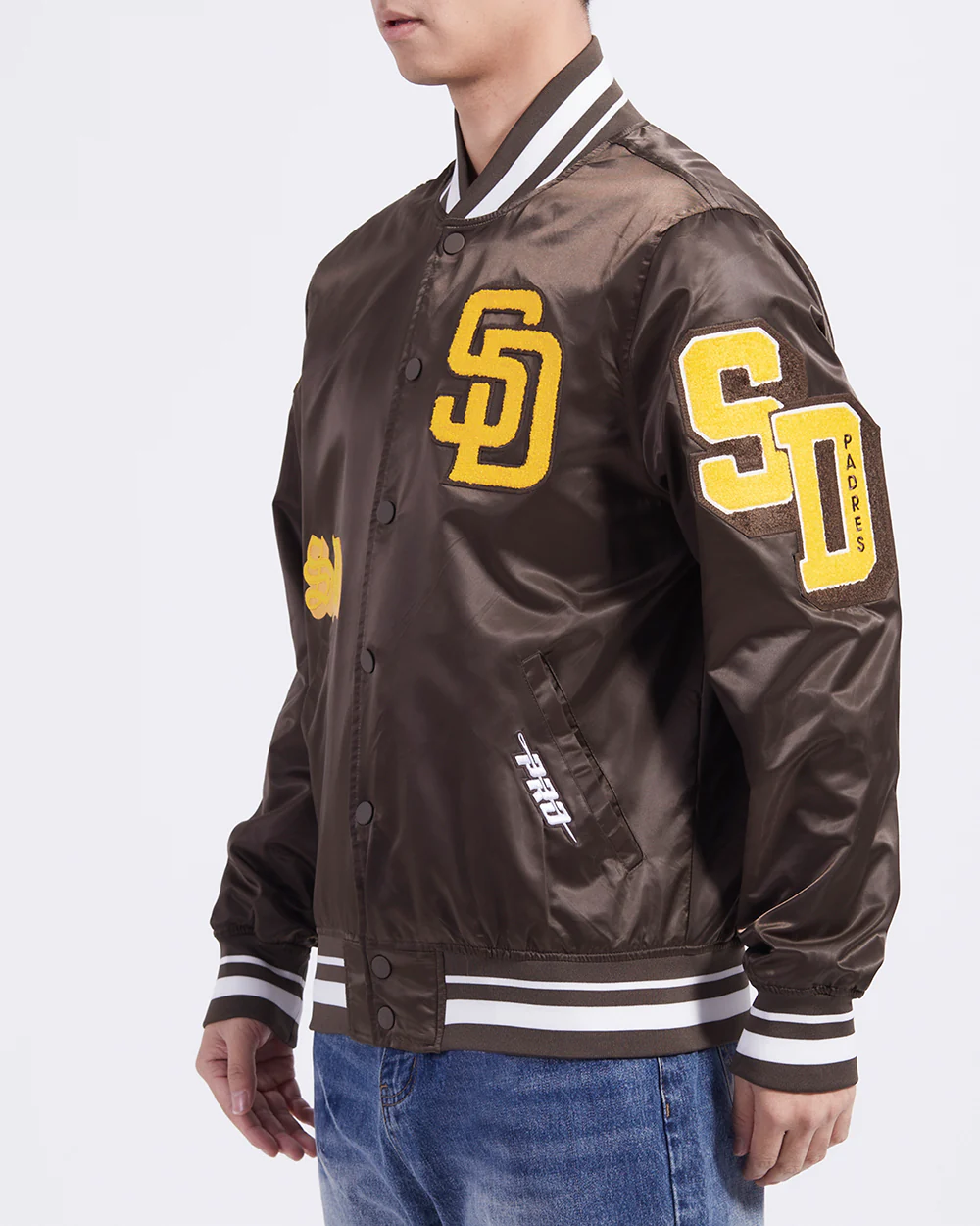 MLB SAN DIEGO PADRES OLD ENGLISH MEN'S RIB SATIN JACKET (BROWN) - Image 2