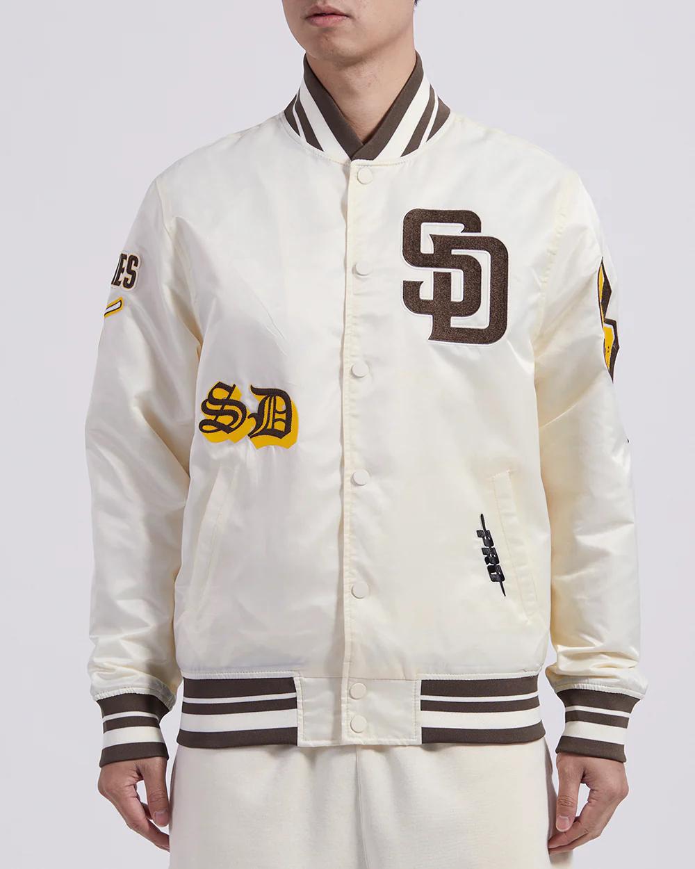 MLB SAN DIEGO PADRES OLD ENGLISH MEN'S RIB SATIN JACKET (EGGSHELL/ BROWN)