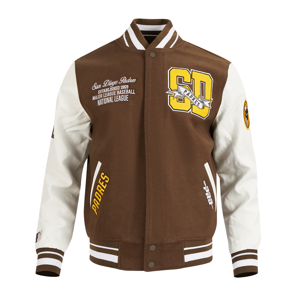 MLB SAN DIEGO PADRES TEAM PENNANTS MEN'S RIB WOOL VARSITY JACKET (BROWN/WHITE)