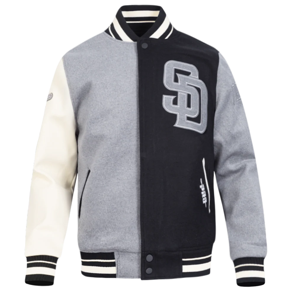 MLB SAN DIEGO PADRES REVERSE FRENCH TERRY MEN'S COLOR BLOCK WOOL VARSITY JACKET (BLACK/GRAY/EGGSHELL) - Image 5
