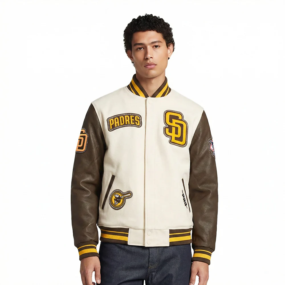 MLB SAN DIEGO PADRES DIY PICK STITCH MEN'S RIB WOOL VARSITY JACKET (EGGSHELL/ BROWN)