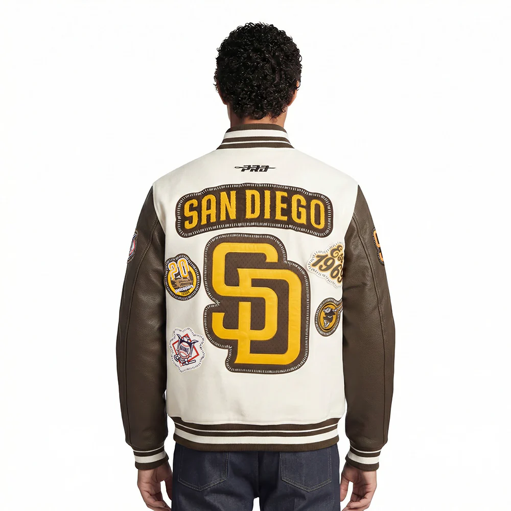 MLB SAN DIEGO PADRES DIY PICK STITCH MEN'S RIB WOOL VARSITY JACKET (EGGSHELL/ BROWN) - Image 2