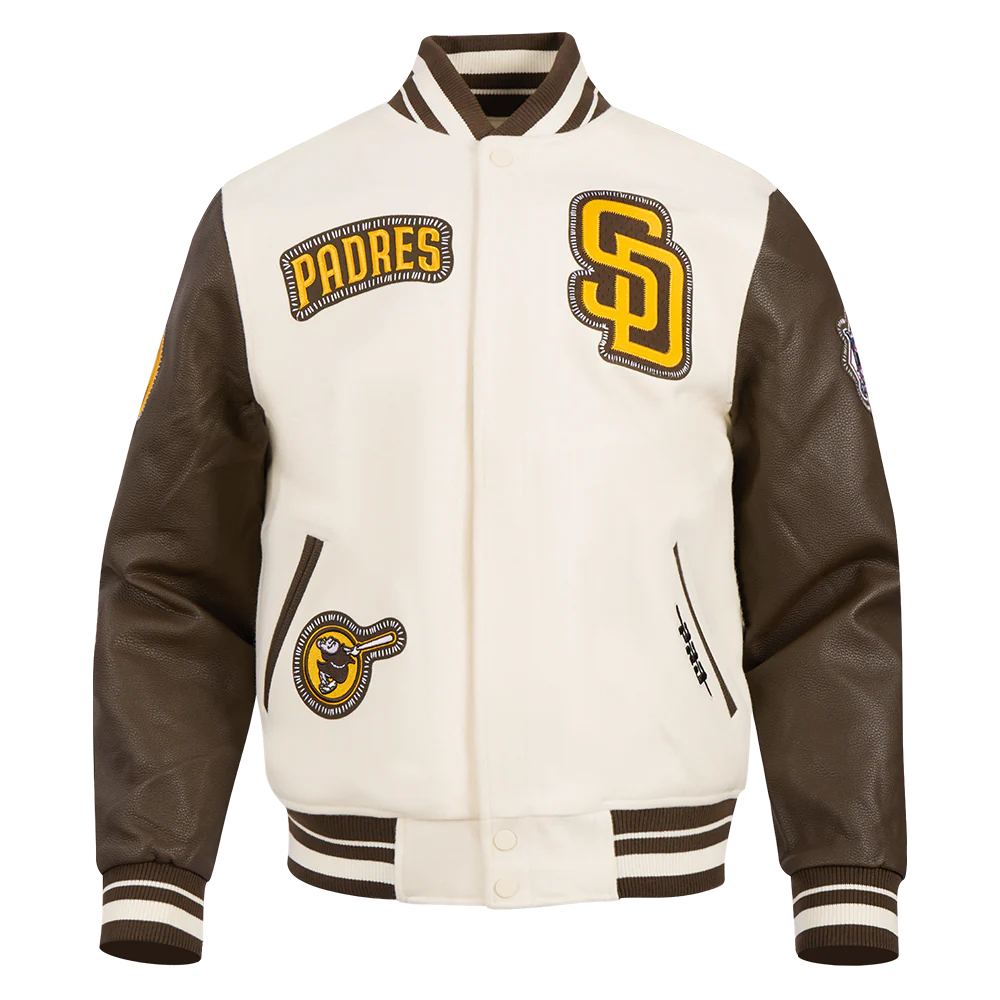 MLB SAN DIEGO PADRES DIY PICK STITCH MEN'S RIB WOOL VARSITY JACKET (EGGSHELL/ BROWN) - Image 3