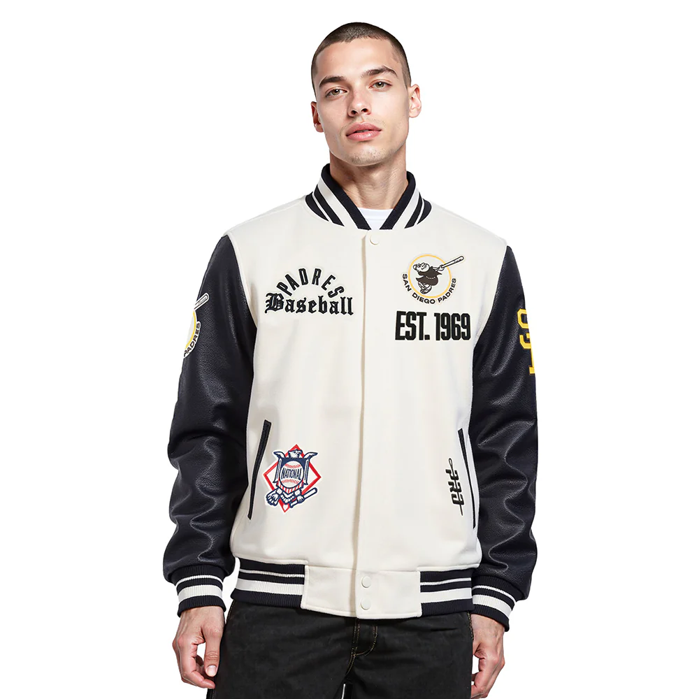 MLB SAN DIEGO PADRES MODERN ORIGINALS MEN'S RIB WOOL VARSITY JACKET (EGGSHELL/ BLACK)