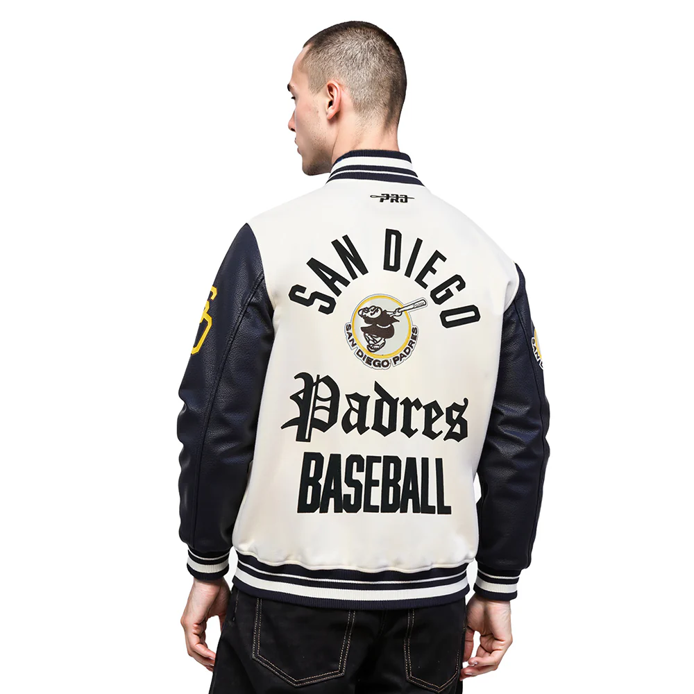 MLB SAN DIEGO PADRES MODERN ORIGINALS MEN'S RIB WOOL VARSITY JACKET (EGGSHELL/ BLACK) - Image 2