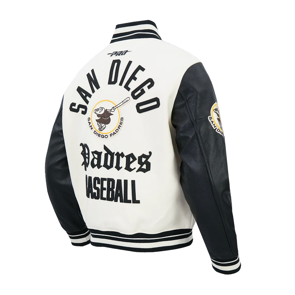 MLB SAN DIEGO PADRES MODERN ORIGINALS MEN'S RIB WOOL VARSITY JACKET (EGGSHELL/ BLACK) - Image 4