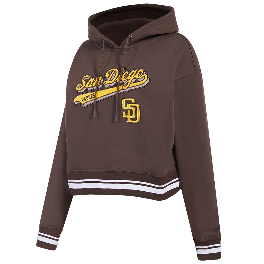 MLB SAN DIEGO PADRES SCRIPT TAIL WOMEN'S RIB FLEECE CROPPED PULLOVER HOODIE (BROWN) - Image 2