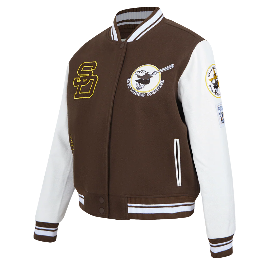 MLB SAN DIEGO PADRES RETRO CLASSIC WOMEN'S RIB WOOL VARSITY JACKET (BROWN/WHITE) - Image 2