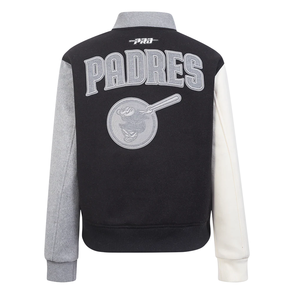 MLB SAN DIEGO PADRES REVERSE FRENCH TERRY WOMEN'S WOOL VARSITY JACKET (BLACK/GRAY/EGGSHELL) - Image 7
