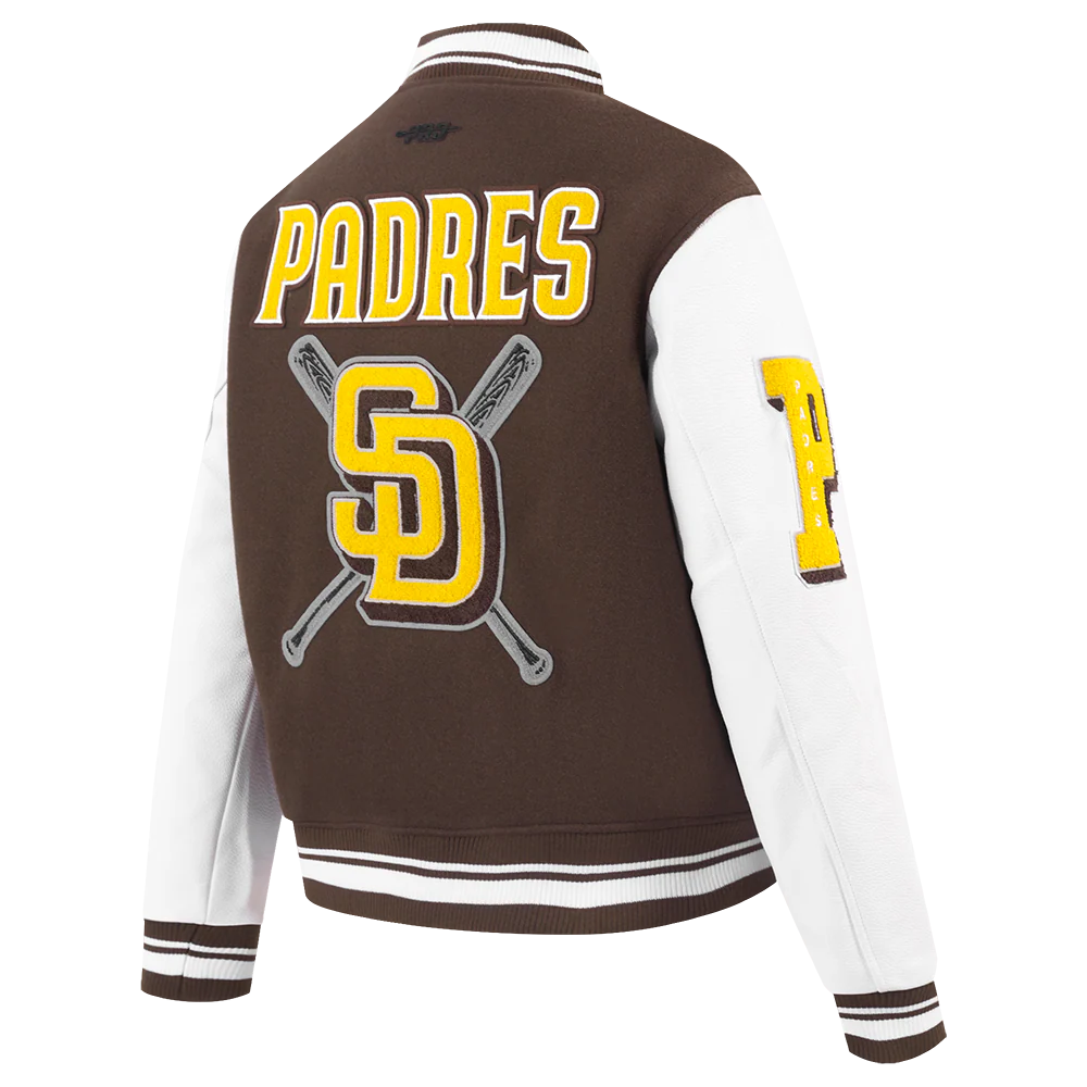 MLB SAN DIEGO PADRES MASHUP WOMEN'S RIB WOOL VARSITY JACKET (BROWN/WHITE) - Image 4