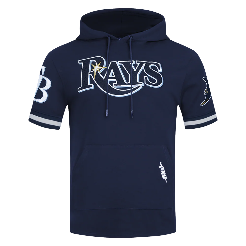 MLB TAMPA BAY RAYS CLASSIC CHENILLE MEN'S DOUBLE KNIT SHORT SLEEVE PULLOVER HOODIE (MIDNIGHT NAVY)