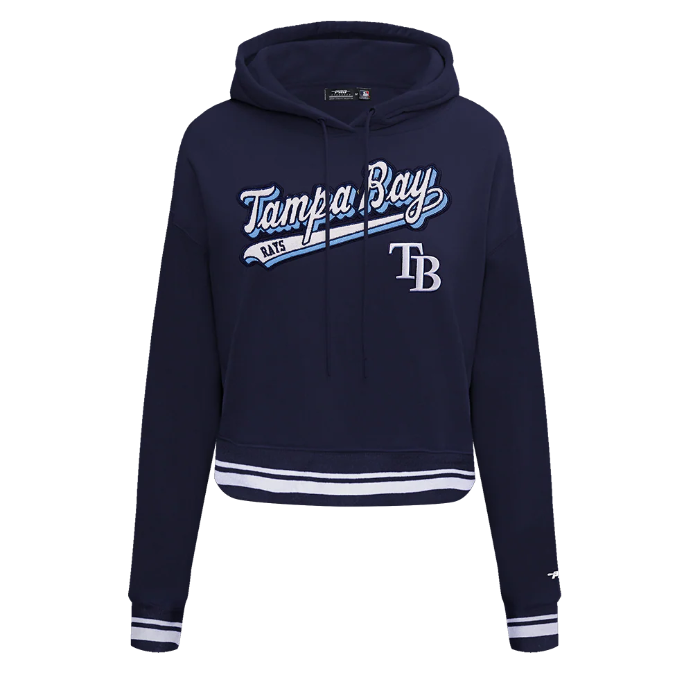 MLB TAMPA BAY RAYS SCRIPT TAIL WOMEN'S RIB FLEECE CROPPED PULLOVER HOODIE (MIDNIGHT NAVY)