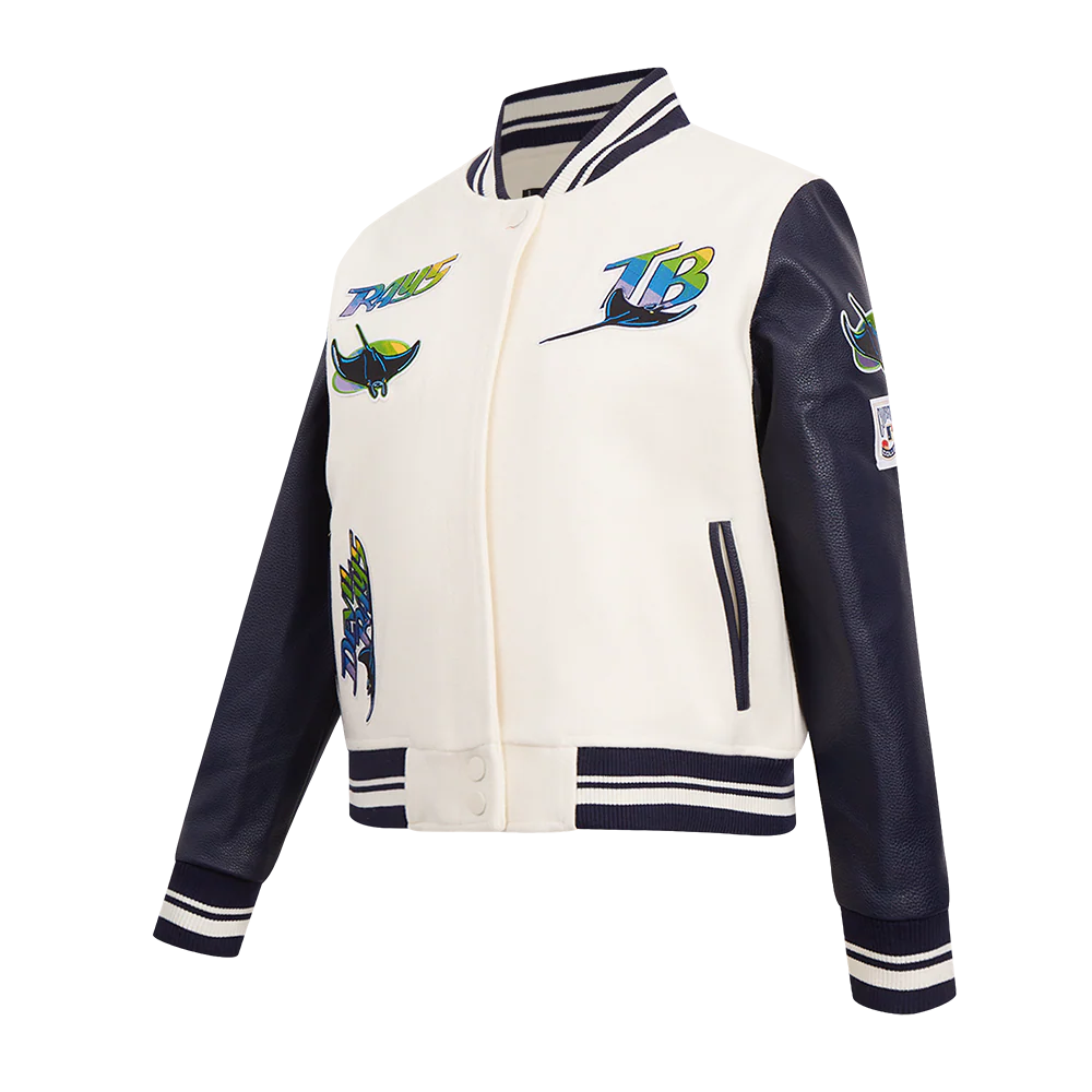 MLB TAMPA BAY RAYS RETRO CLASSIC WOMEN'S RIB WOOL VARSITY JACKET (EGGSHELL/ MIDNIGHT NAVY) - Image 2