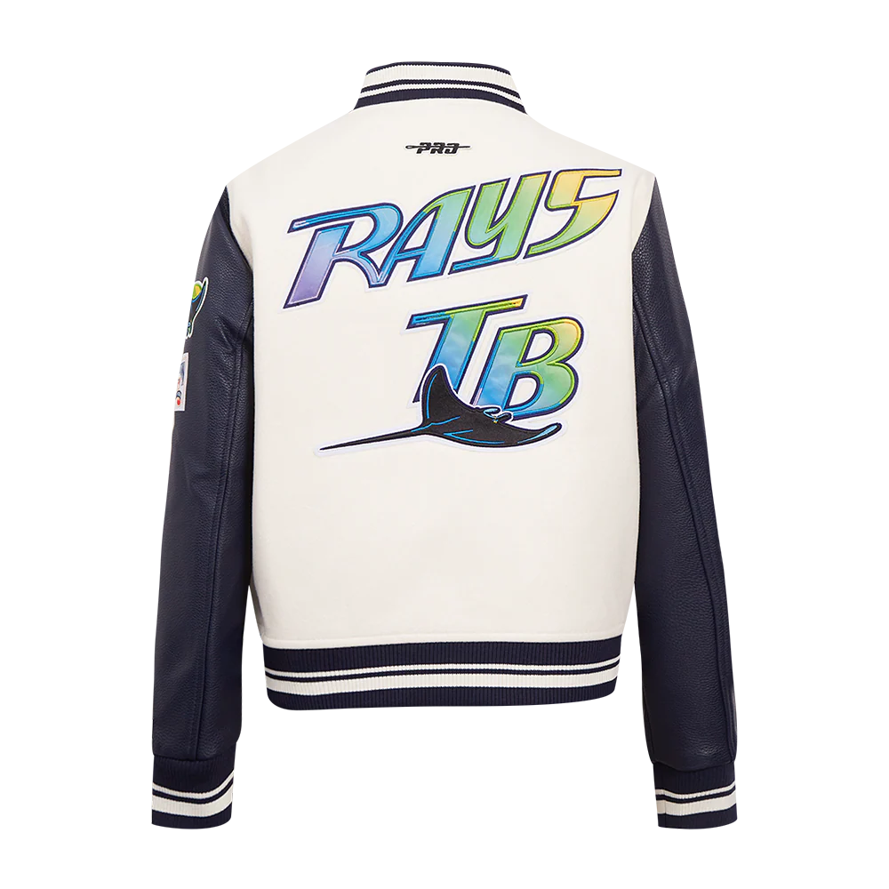 MLB TAMPA BAY RAYS RETRO CLASSIC WOMEN'S RIB WOOL VARSITY JACKET (EGGSHELL/ MIDNIGHT NAVY) - Image 3