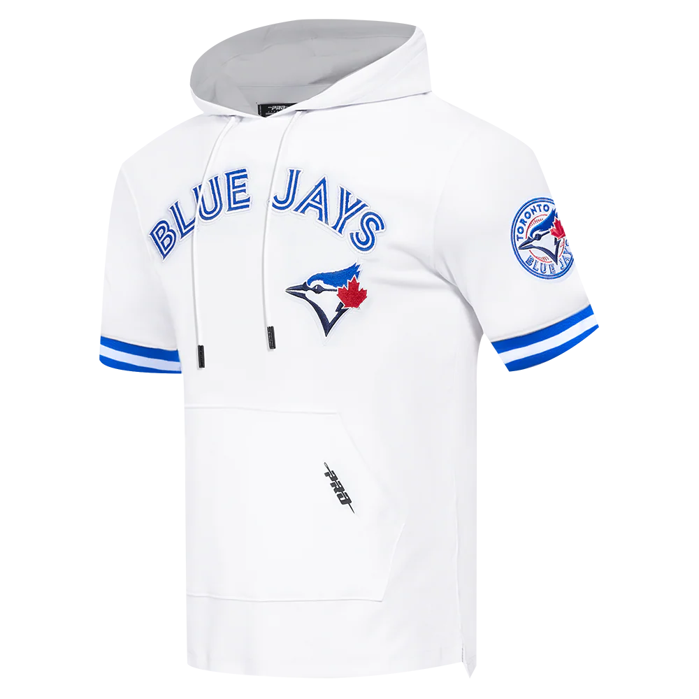 MLB TORONTO BLUE JAYS CLASSIC CHENILLE MEN'S DOUBLE KNIT SHORT SLEEVE PULLOVER HOODIE (WHITE/ROYAL BLUE) - Image 2