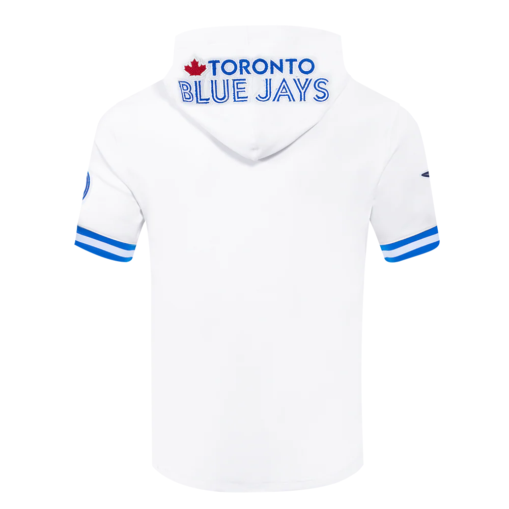 MLB TORONTO BLUE JAYS CLASSIC CHENILLE MEN'S DOUBLE KNIT SHORT SLEEVE PULLOVER HOODIE (WHITE/ROYAL BLUE) - Image 3