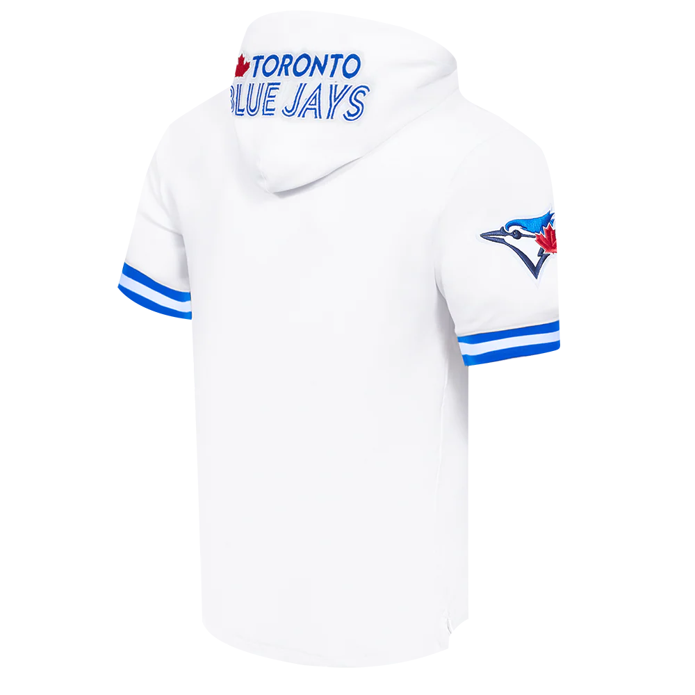 MLB TORONTO BLUE JAYS CLASSIC CHENILLE MEN'S DOUBLE KNIT SHORT SLEEVE PULLOVER HOODIE (WHITE/ROYAL BLUE) - Image 4