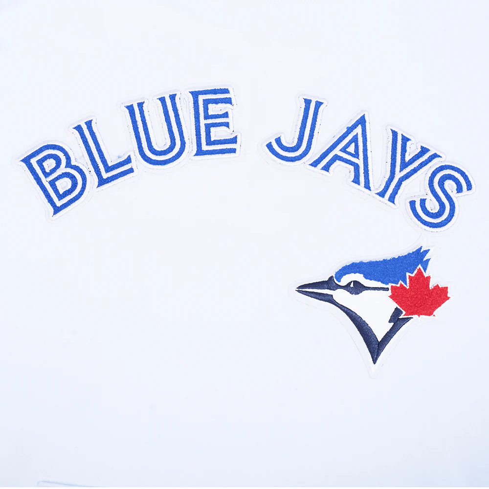 MLB TORONTO BLUE JAYS CLASSIC CHENILLE MEN'S DOUBLE KNIT SHORT SLEEVE PULLOVER HOODIE (WHITE/ROYAL BLUE) - Image 7