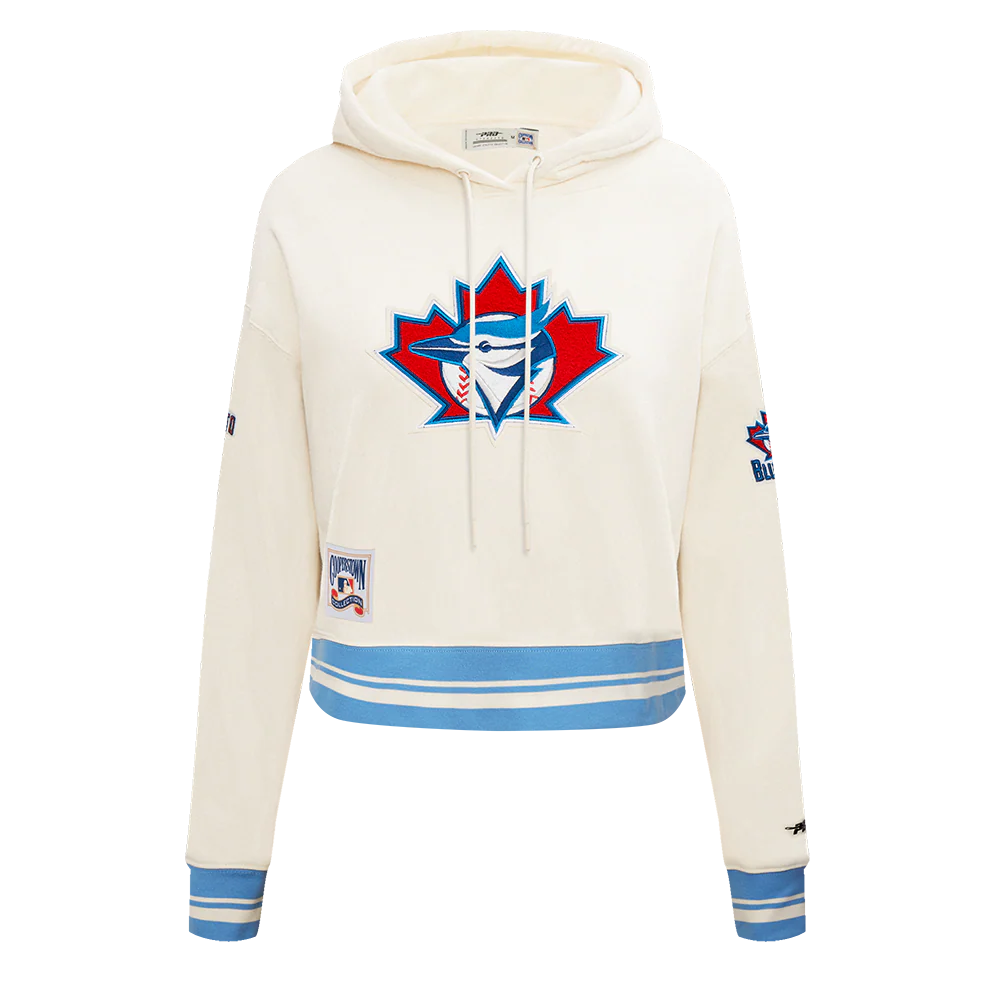 MLB TORONTO BLUE JAYS RETRO CLASSIC WOMEN'S RIB CROPPED PULLOVER HOODIE (EGGSHELL/ UNIVERSITY BLUE)