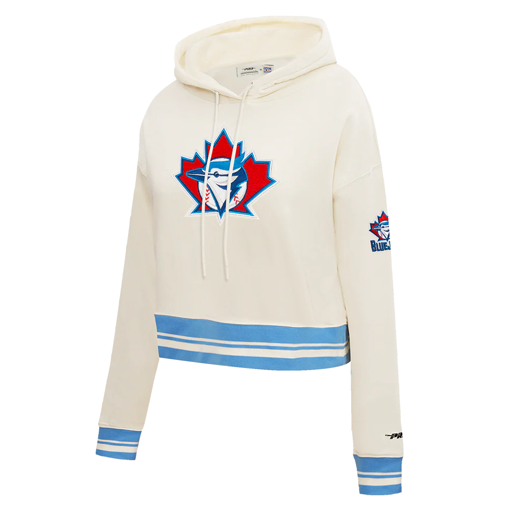 MLB TORONTO BLUE JAYS RETRO CLASSIC WOMEN'S RIB CROPPED PULLOVER HOODIE (EGGSHELL/ UNIVERSITY BLUE) - Image 2