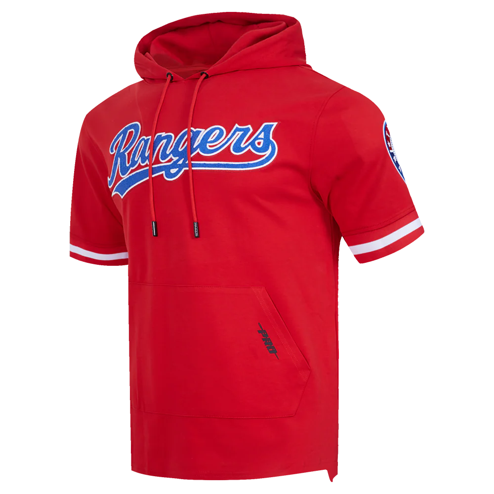 MLB TEXAS RANGERS CLASSIC CHENILLE MEN'S DOUBLE KNIT SHORT SLEEVE PULLOVER HOODIE (RED) - Image 2