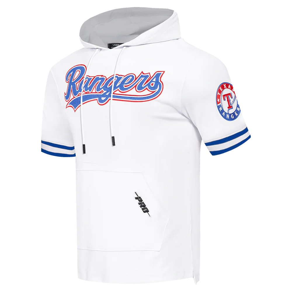 MLB TEXAS RANGERS CLASSIC CHENILLE MEN'S DOUBLE KNIT SHORT SLEEVE PULLOVER HOODIE (WHITE/ROYAL BLUE) - Image 2