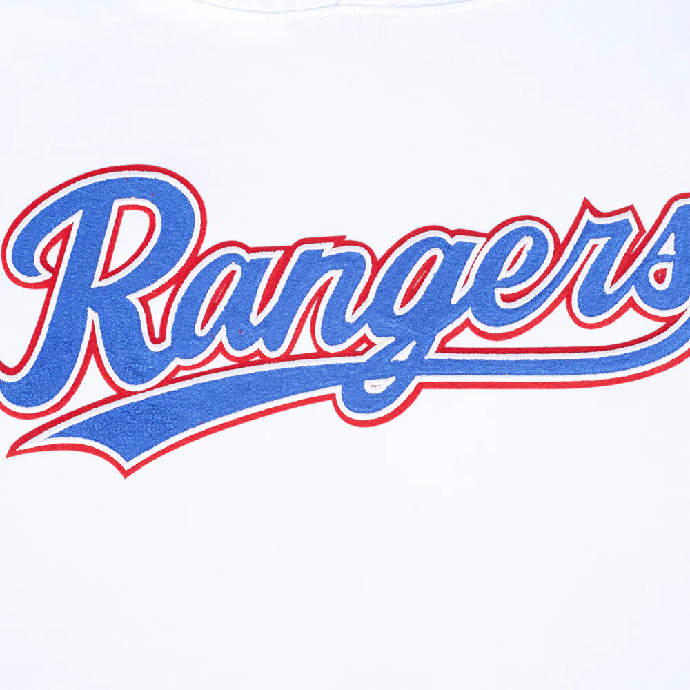 MLB TEXAS RANGERS CLASSIC CHENILLE MEN'S DOUBLE KNIT SHORT SLEEVE PULLOVER HOODIE (WHITE/ROYAL BLUE) - Image 5