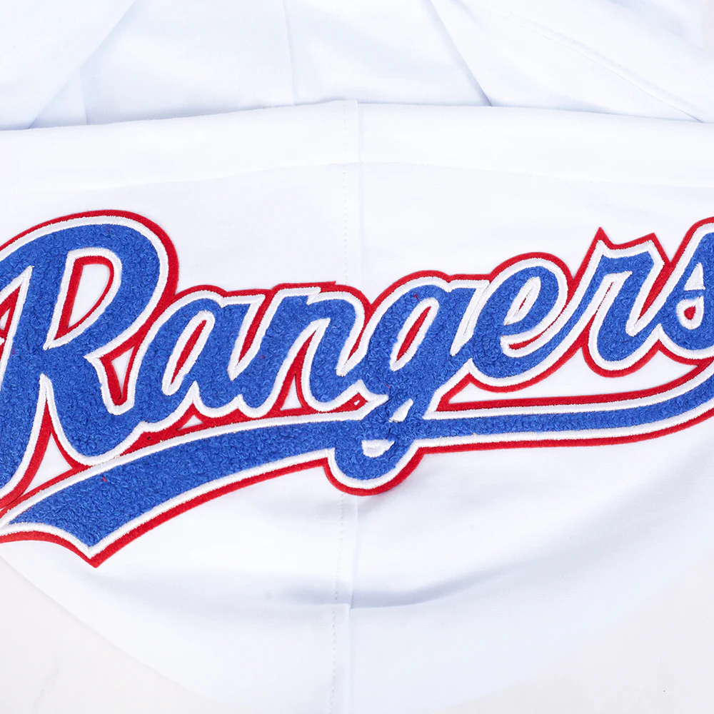 MLB TEXAS RANGERS CLASSIC CHENILLE MEN'S DOUBLE KNIT SHORT SLEEVE PULLOVER HOODIE (WHITE/ROYAL BLUE) - Image 8