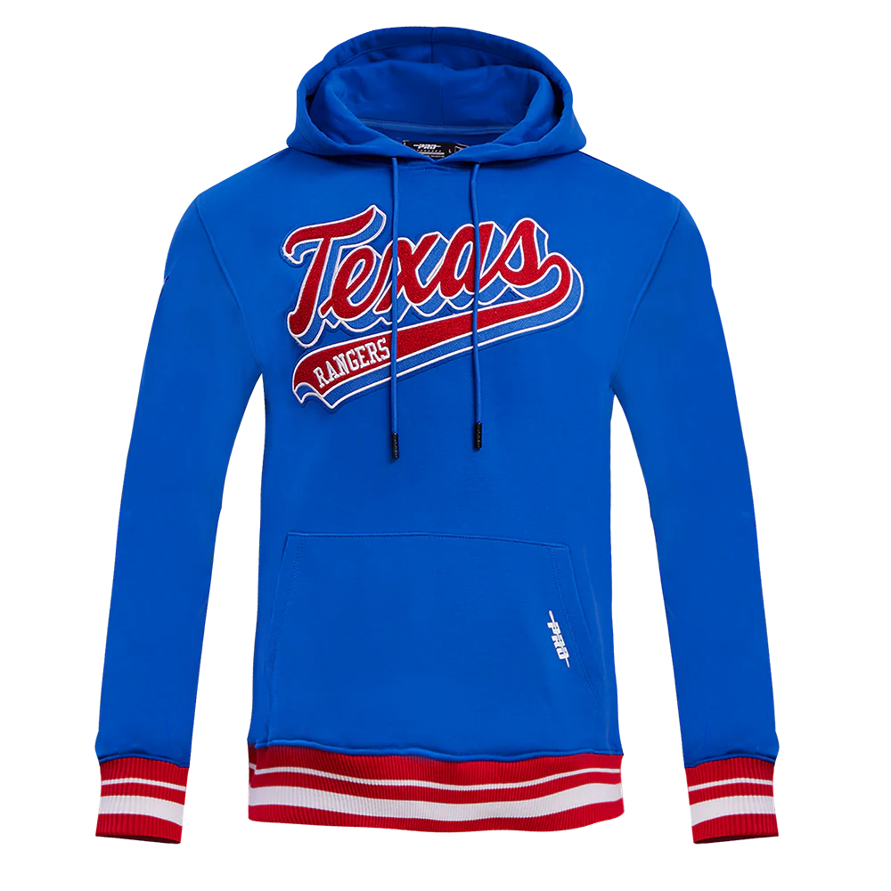 MLB TEXAS RANGERS SCRIPT TAIL MEN'S RIB FLEECE PULLOVER HOODIE (ROYAL BLUE/RED)