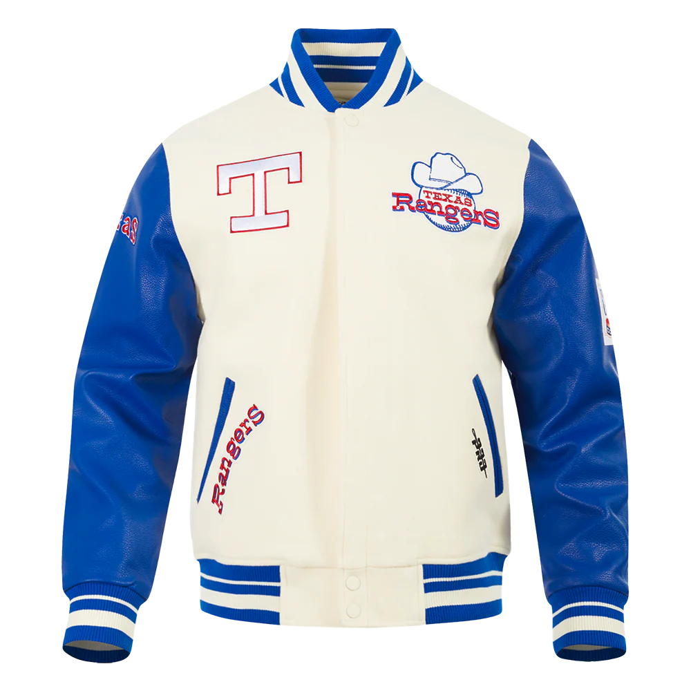 MLB TEXAS RANGERS RETRO CLASSIC MEN'S RIB VARSITY JACKET (EGGSHELL/ROYAL BLUE)