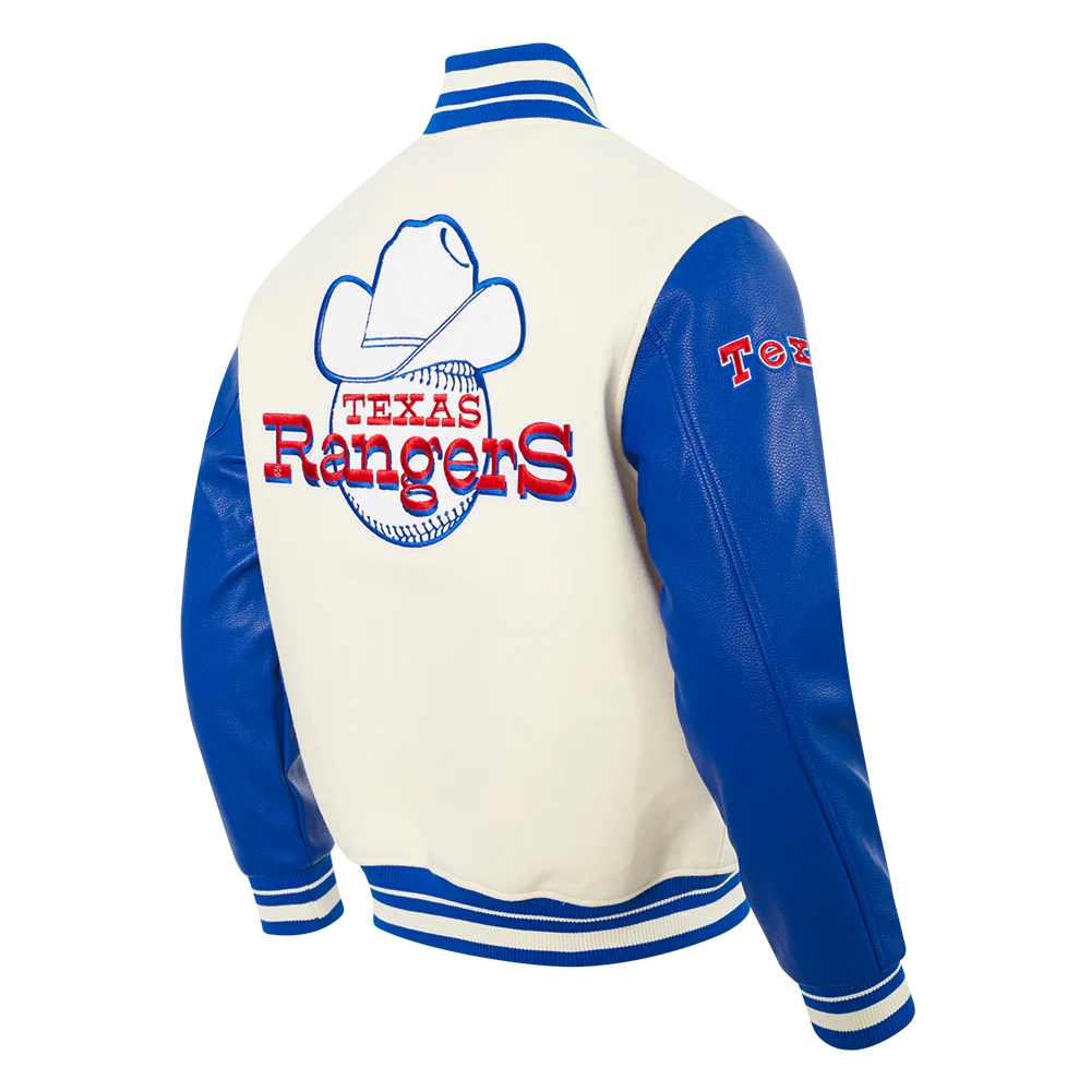 MLB TEXAS RANGERS RETRO CLASSIC MEN'S RIB VARSITY JACKET (EGGSHELL/ROYAL BLUE) - Image 4