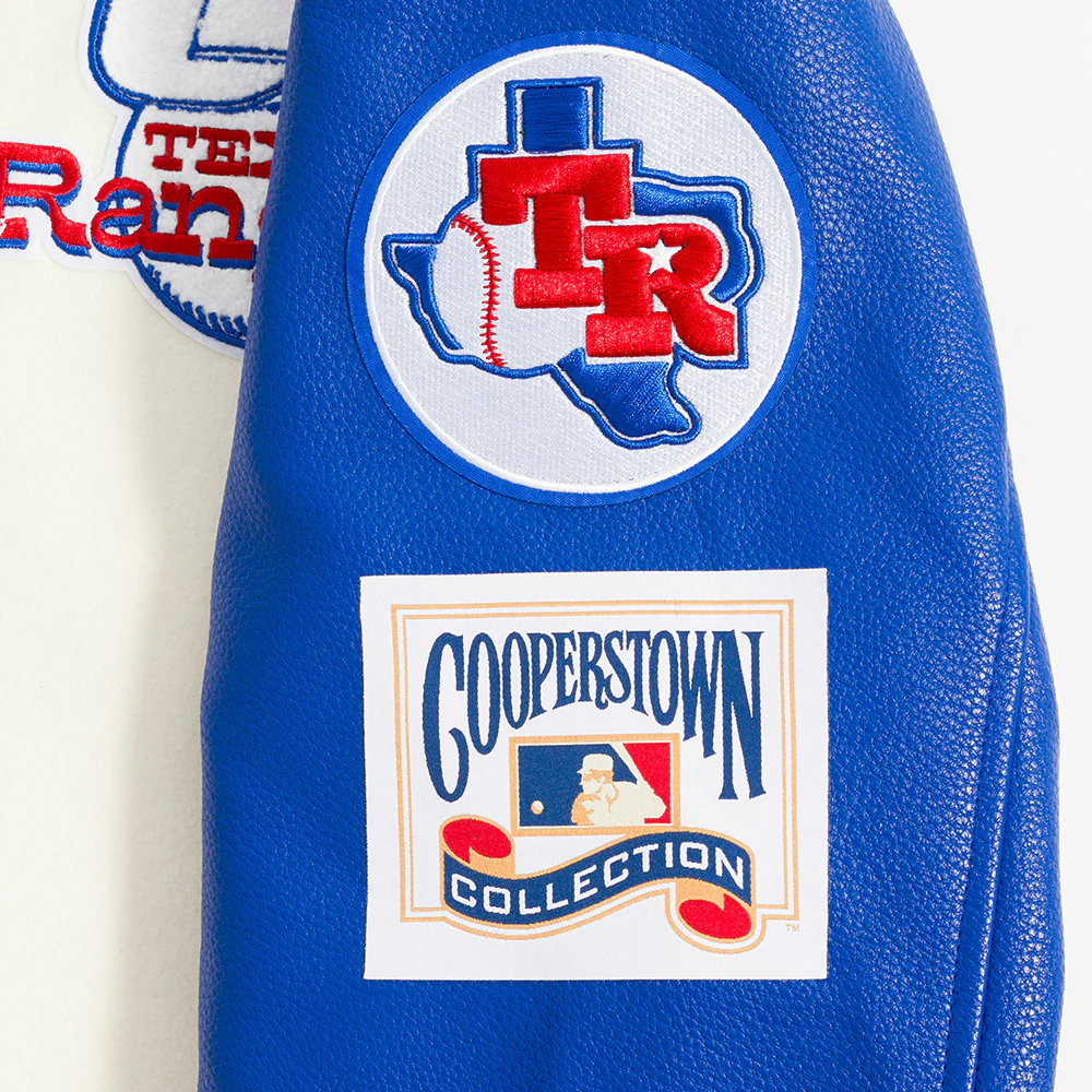 MLB TEXAS RANGERS RETRO CLASSIC MEN'S RIB VARSITY JACKET (EGGSHELL/ROYAL BLUE) - Image 6