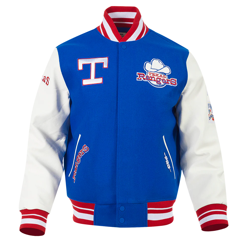 MLB TEXAS RANGERS RETRO CLASSIC MEN'S RIB VARSITY JACKET (ROYAL BLUE/RED)