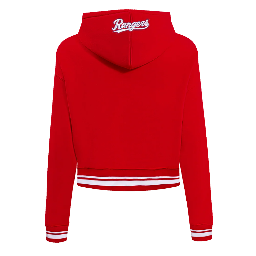 MLB TEXAS RANGERS SCRIPT TAIL WOMEN'S RIB FLEECE CROPPED PULLOVER HOODIE (RED) - Image 2